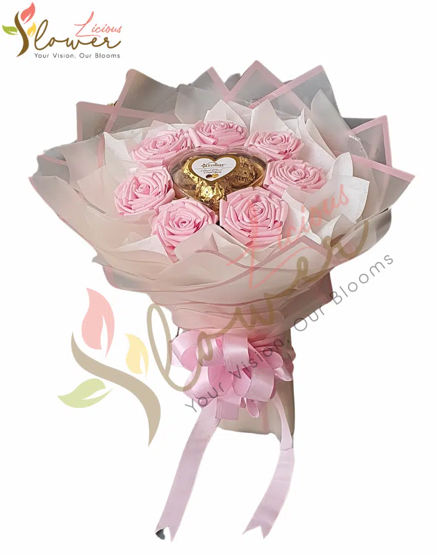 Blush Pink Roses & Heart Chocolate Bouquet