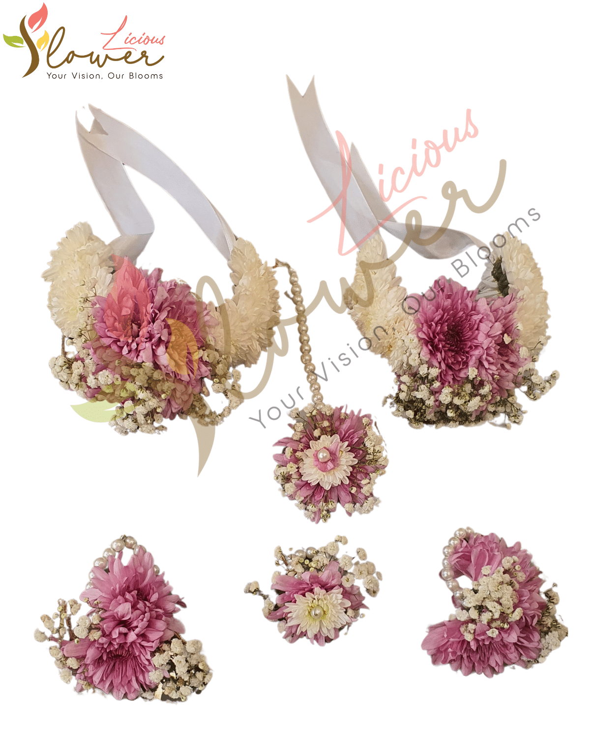 Pink & White Chrysanthemum Bridal Floral Jewelry Set