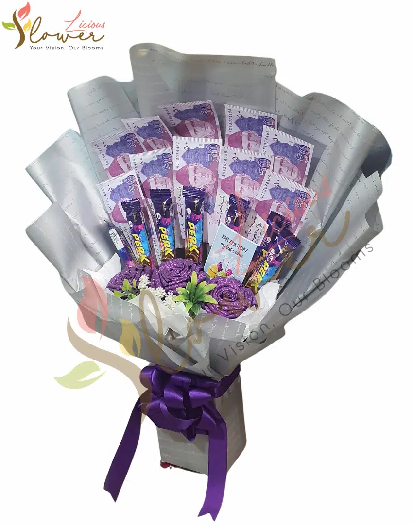 Purple Luxe Money & Chocolate Bouquet