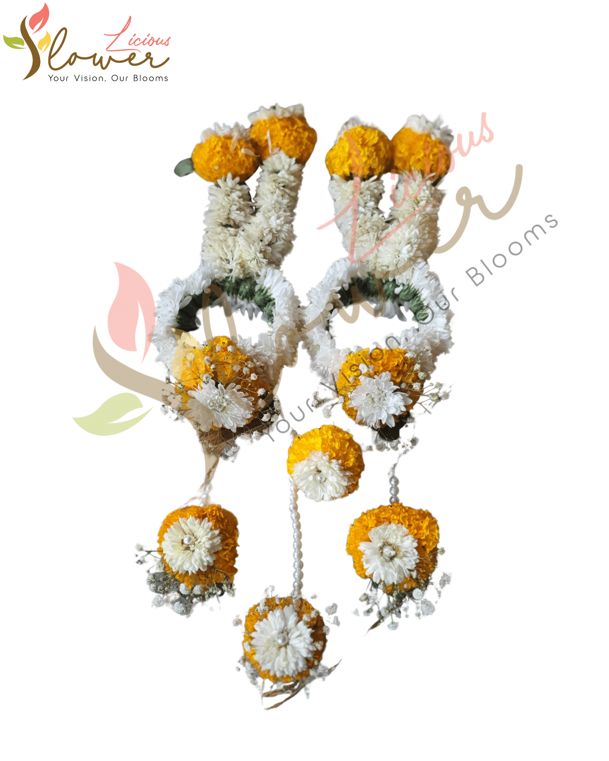 Yellow Marigold & White Chrysanthemum Fresh Flower Kaleera with Pearls (Pair)