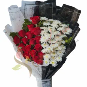 Dual Tone Red Roses & White Chrysanthemum Bouquet