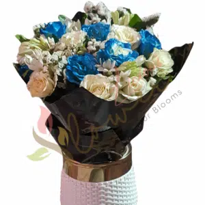 Royal Blue & Ivory Roses Vase Arrangement
