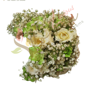 Green & Ivory Rose Bouquet with Baby’s Breath